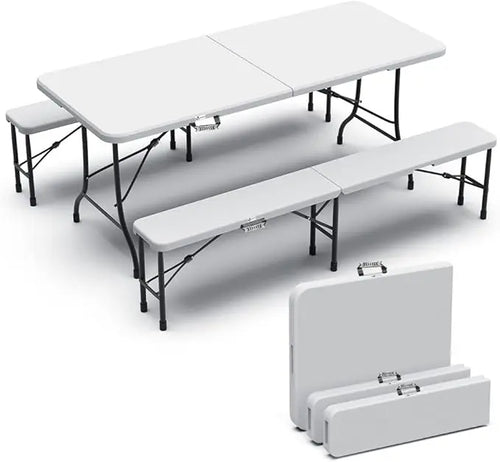 Sammenleggbart bord og 2 hvite benker, sett 180 x 75 x 72 cm